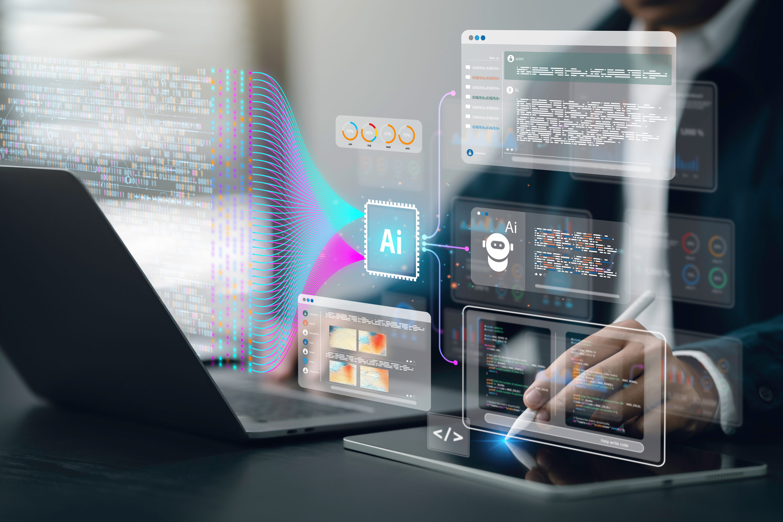 Data analysis science and big data with AI technology to help and support work for chat AI, generate code, and analysis of information on complex data sets on a computer. Insights development engineer AI and Data